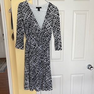 White House Black Market Black & White Geometric Wrap Midi Dress